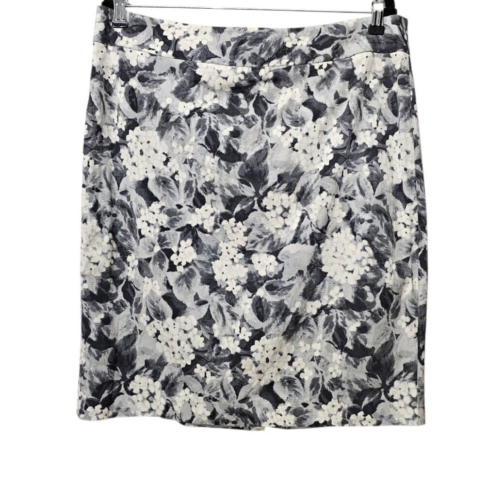 Talbots Women's Floral Monochrome Lined Pencil Skirt 14 Gray White Rayon Cotton